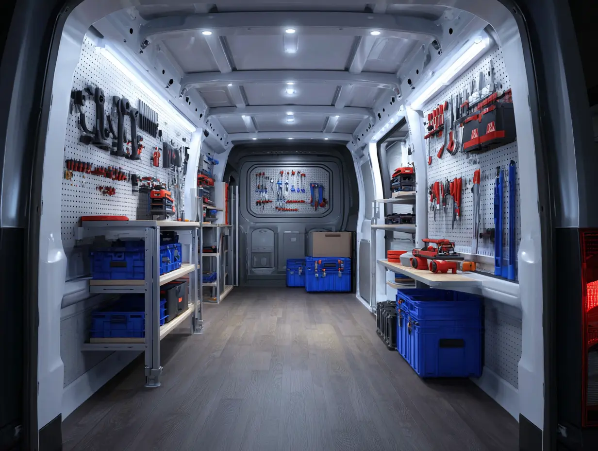 Interior of a service van with pegboard tool walls, shelving, blue storage crates, and LED lighting.