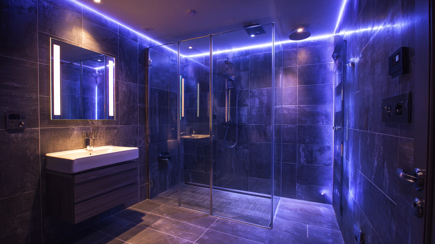 Contemporary bathroom with a glass walk-in shower, floating vanity, and blue LED mood lighting.