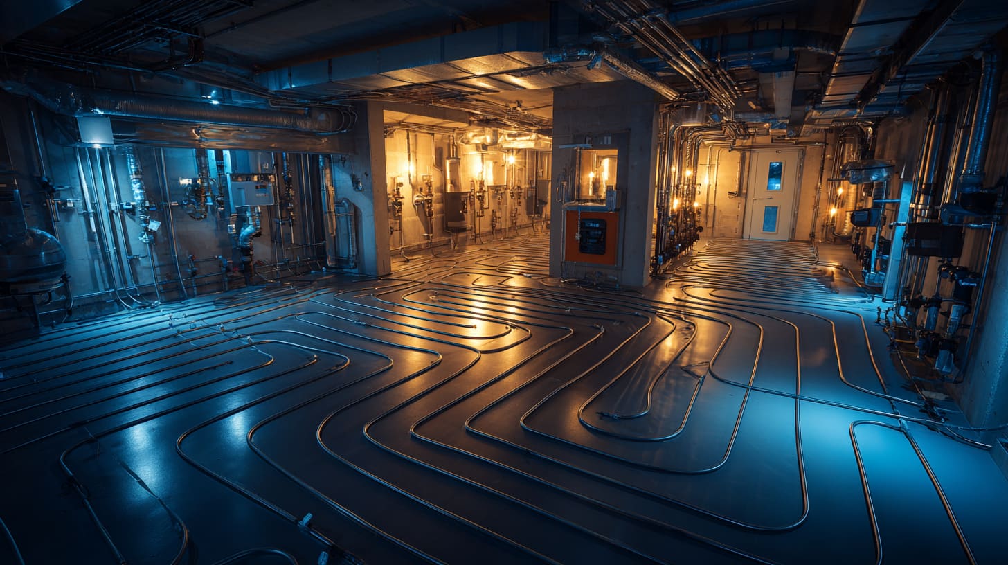 Underfloor heating pipes laid across a large plant room floor with ductwork and controls in the background.
