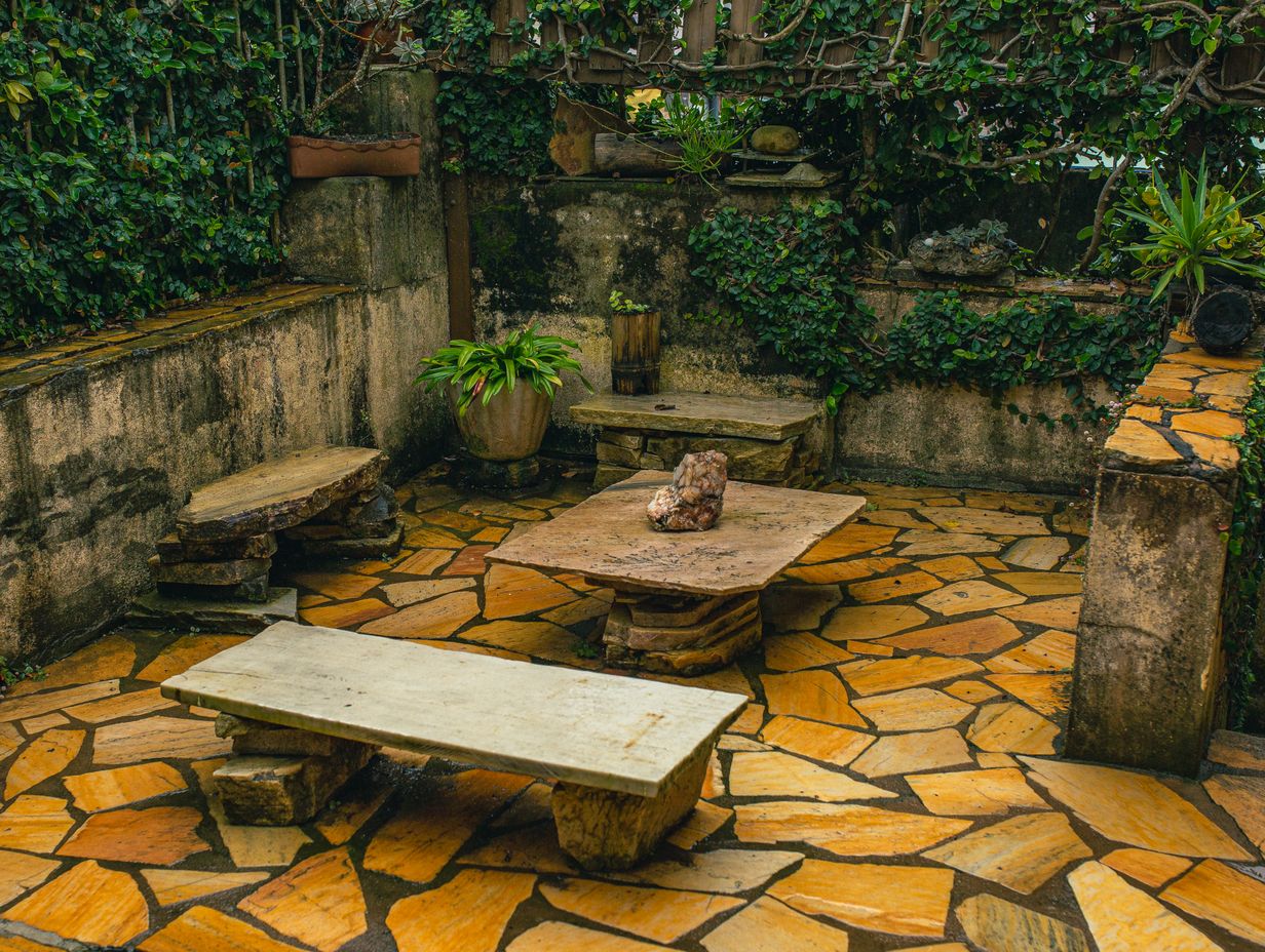 Patio before-and-after: a tired, weathered slabbed area versus a finished natural stone patio with neat jointing and planted borders.