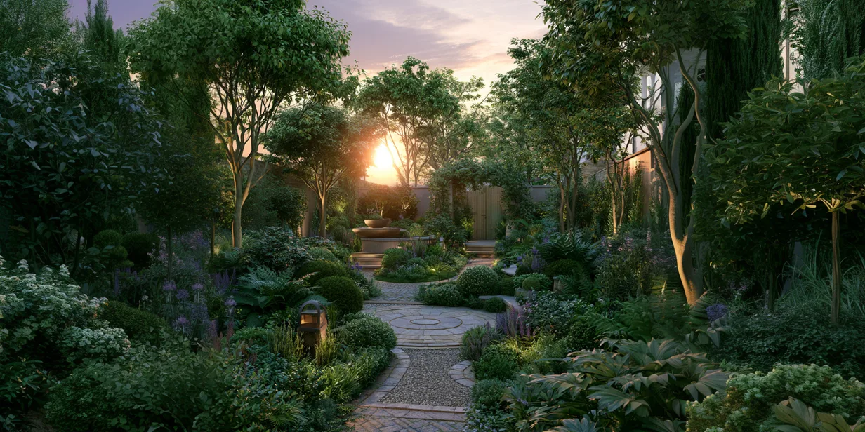 A landscaped back garden with a natural stone patio, neat lawn, planted borders and timber fencing in warm afternoon light.