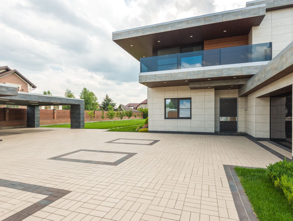 A block-paved driveway with a herringbone pattern, charcoal border course and neat edging in front of a modern home.