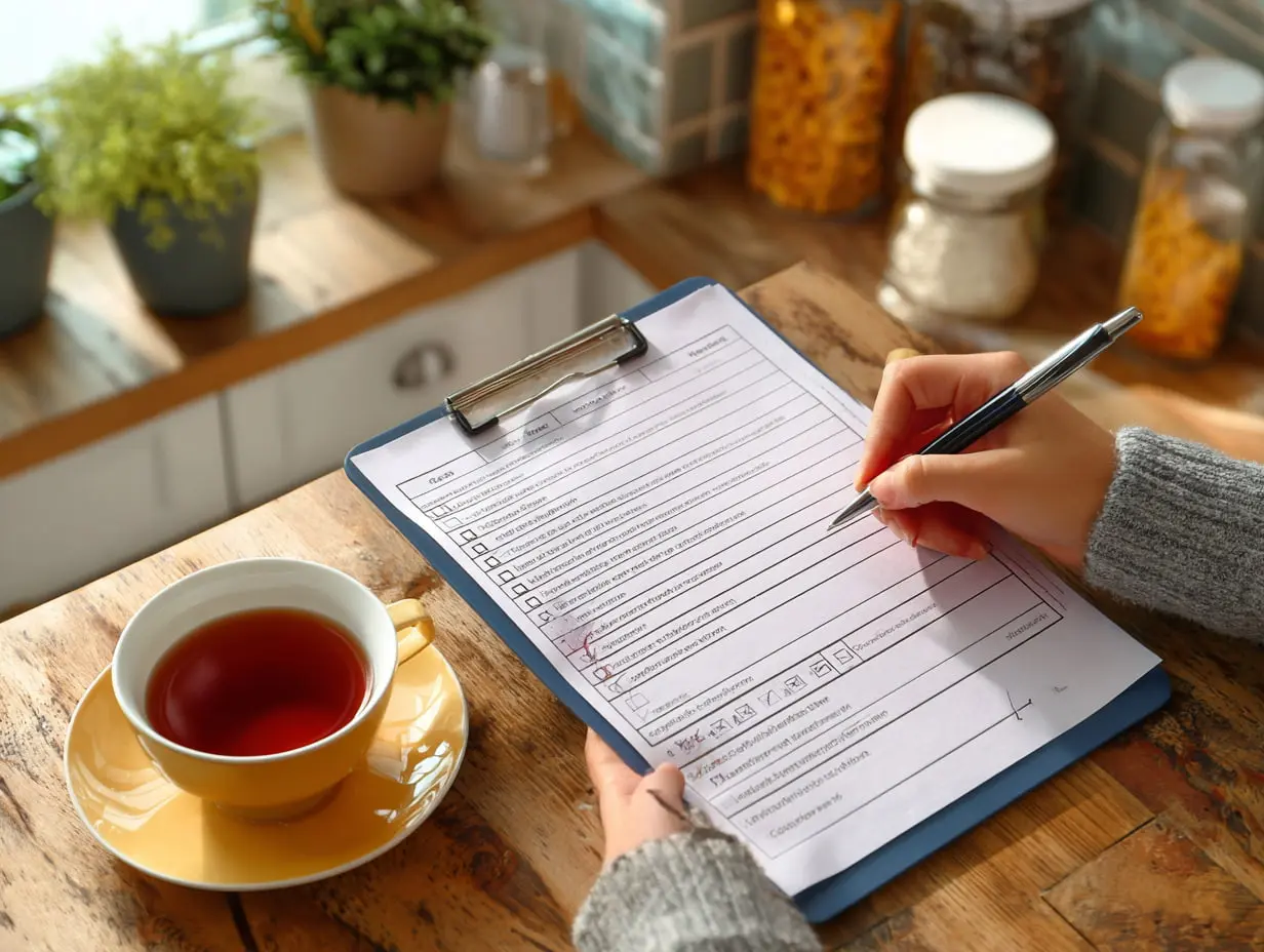 Engineer completing a gas safety service record at a customer's home