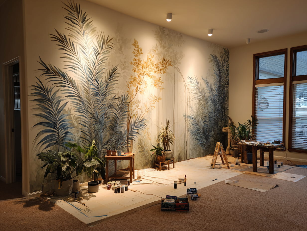 Large botanical mural in progress on a cream wall, with drop cloths, stepladder, and paint pots along the skirting.